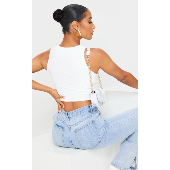 Pretty Little Thing White Slinky Cross Front Key Hole Crop Top Small - Picture 4 of 6